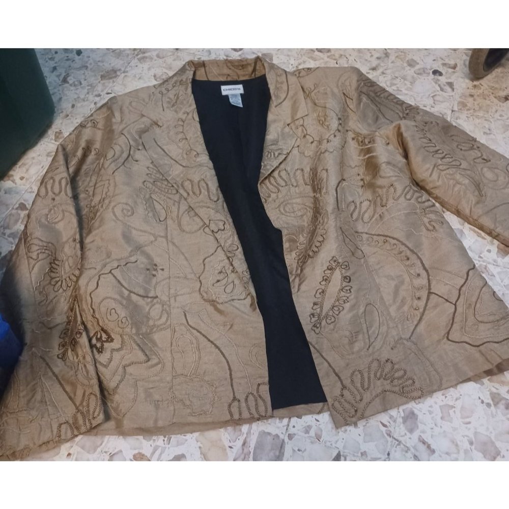 Chico's Womens Silk Blazer Chico's SZ 1 (Med 8-10) Tan Embroidery Beads